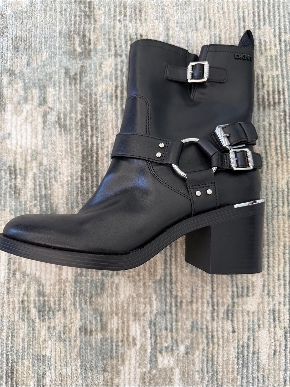 DKNY Black Vegan Leather Ring-Buckle Block Heel Ankle Boots